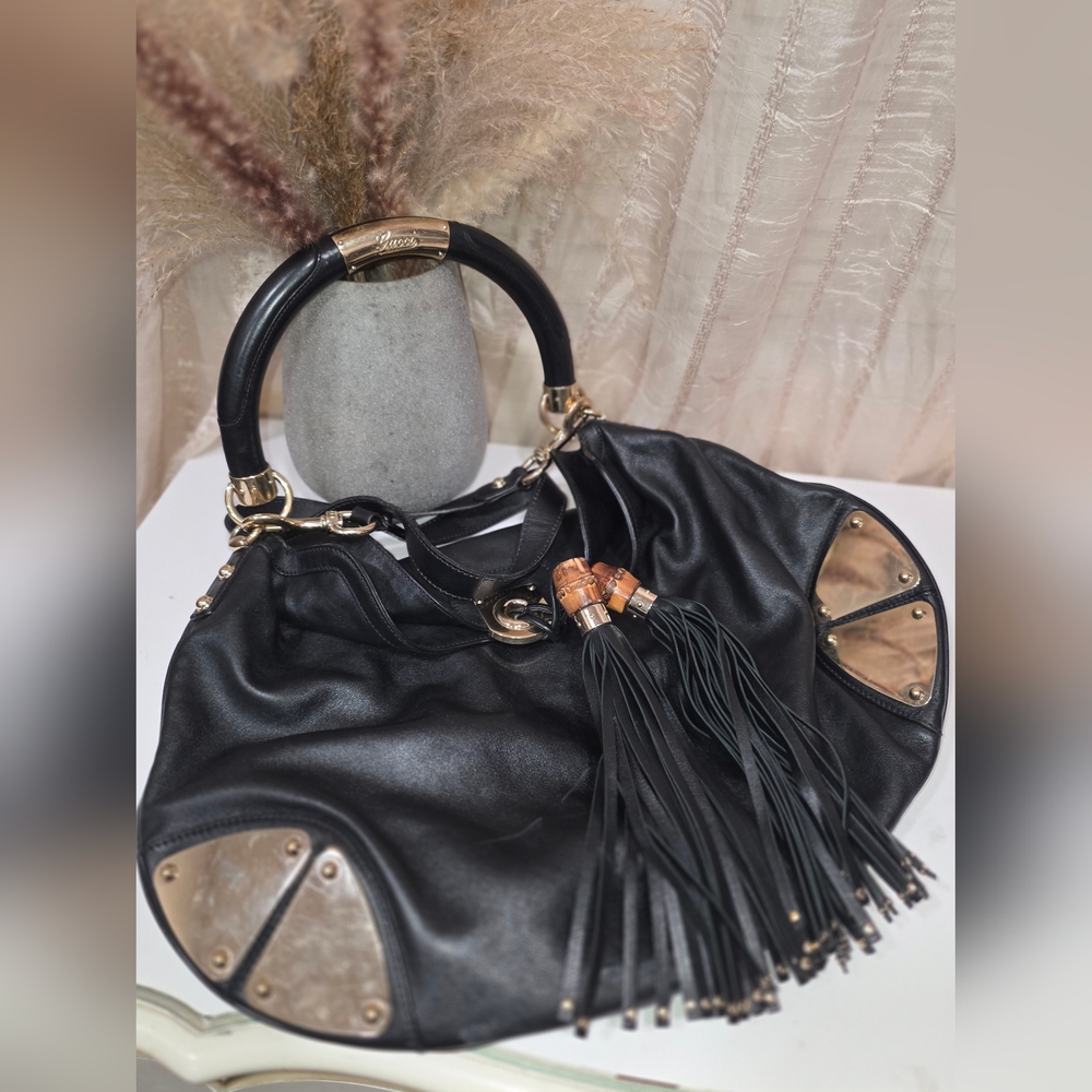 Preloved Gucci GG Canvas & Leather Medium Babouska Indy Hobo Bag Black COA Incl